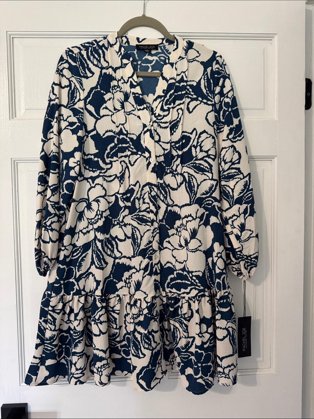 Rachel Zoe Navy and Cream Floral Tiered Dress- drop waist size xs